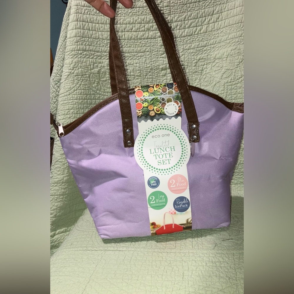 Lavender Lunch Tote Bag with Brown Handles